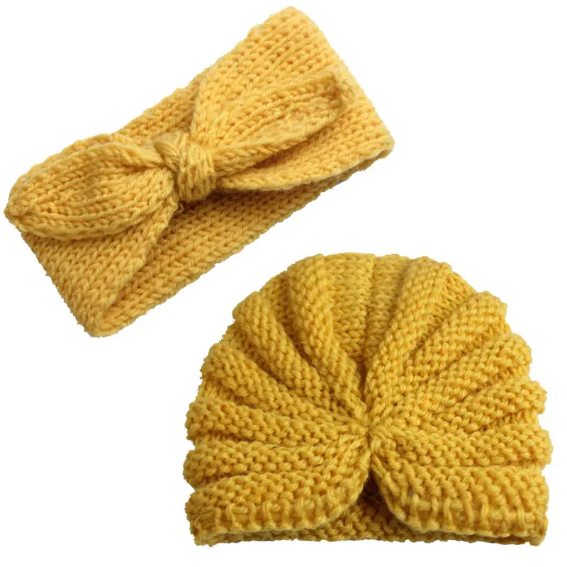 Baby Girl Hat Newborn Cap Infant Headband Toddler Kids Turban Cotton Beanie Kitting Bonnet Hairband Winter Crochet 2pcs 0-5T | Детская