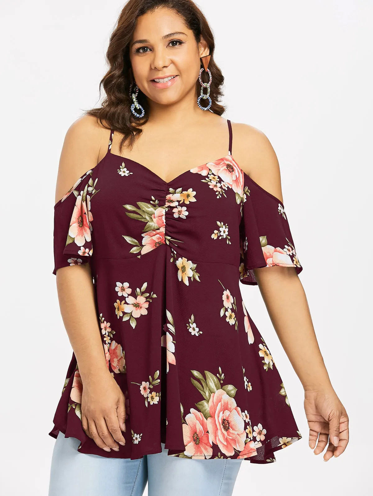 Wipalo Plus Size Blusas Feminina Floral Print Open Shoulder Blouse Women Summer Sweetheart Neck Half Sleeve Blouses Ladies Tops | Женская