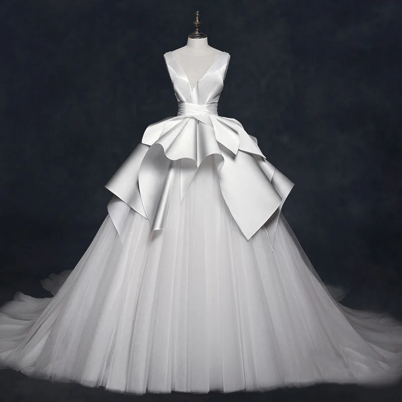 Vivian's Bridal Retro Satin Ruffle Princess Fantasy Wedding Dress Illusion Mesh Lce-up Backless Customized Ball Gown | Свадьбы и