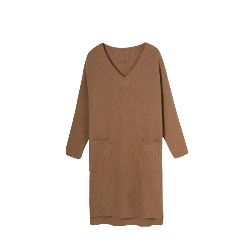 

Autumn Winter Solid Knitted Sweater Dresses Women Fashion Loose V-neck Pullover Female Knitted Dress Vestidos Feminino Plus Size