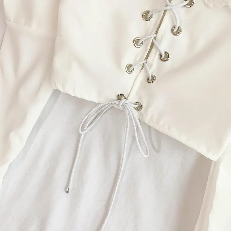 Футболка женская кружевная с высоким рукавом пузырьковый звонок высокой талией