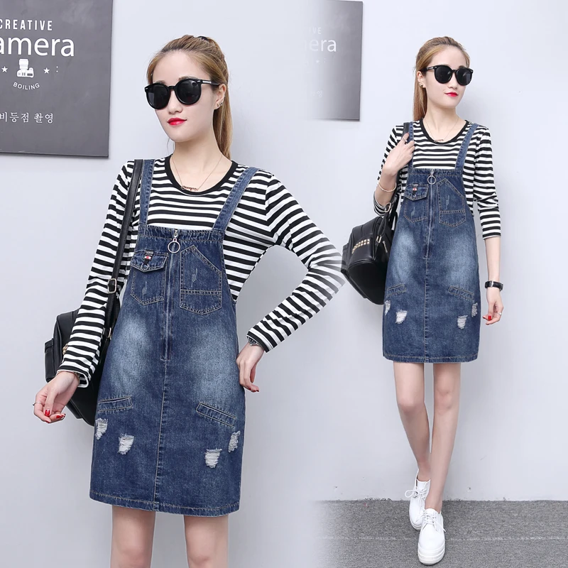 2 piece suits 2019 spring women's fashion new hole pocket denim strap dress students female Casual spaghetti | Женская одежда