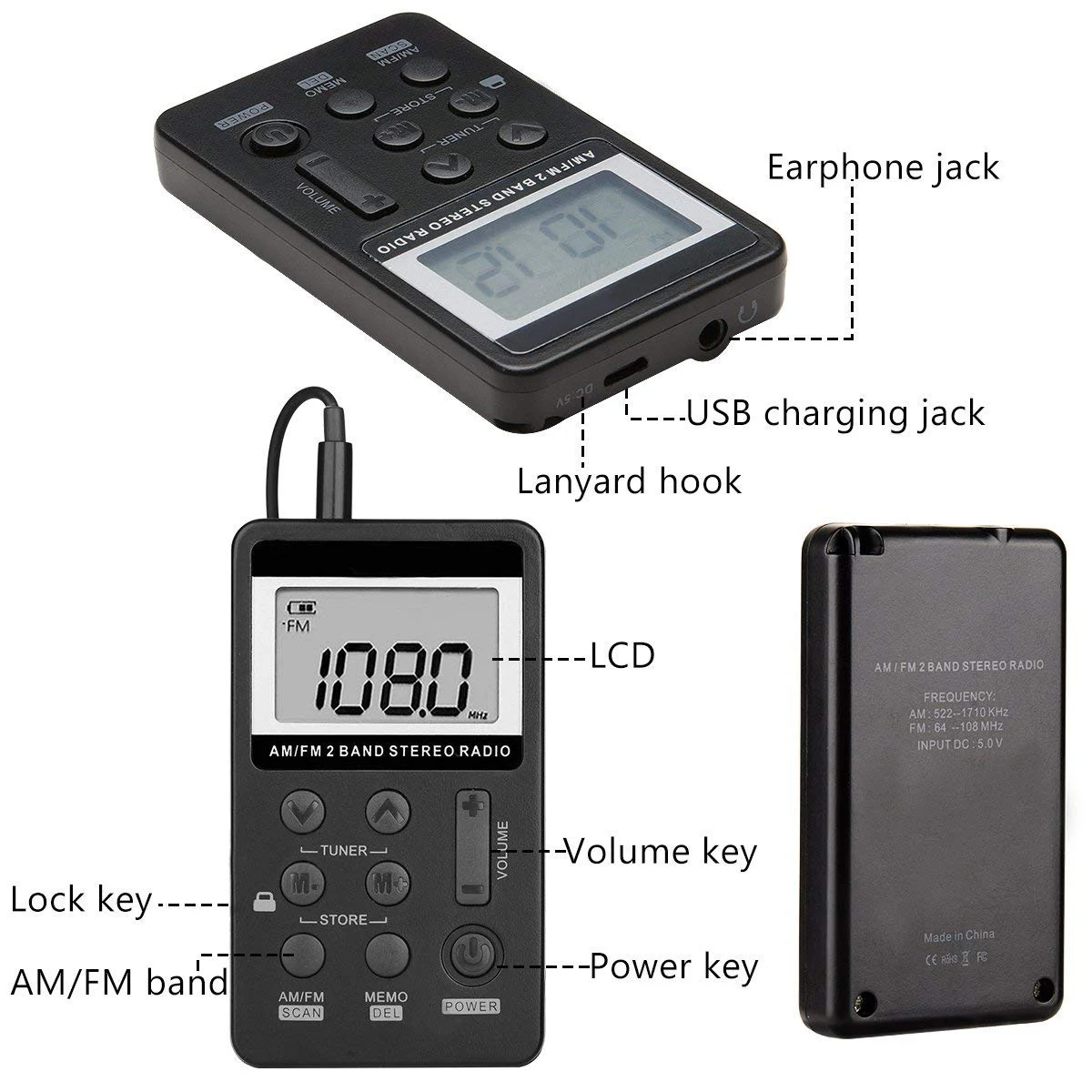 AM FM портативное карманное радио мини Цифровая настройка стерео с перезаряжаемой