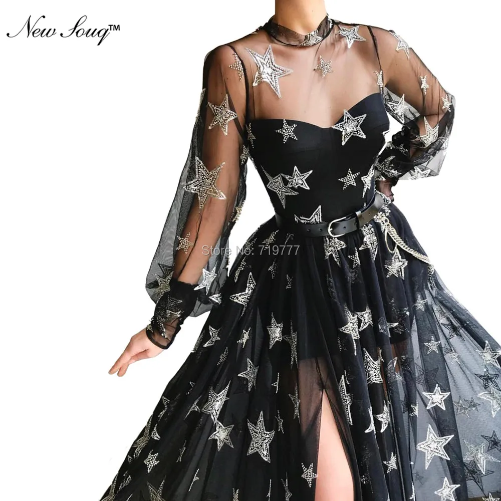 Черные вечерние платья с длинным рукавом 2019 бальное платье арабское дубайское