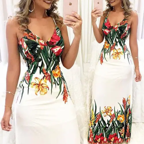 Женское летнее платье с бретельками Boho Bodycon Цветочные платья без рукавов v