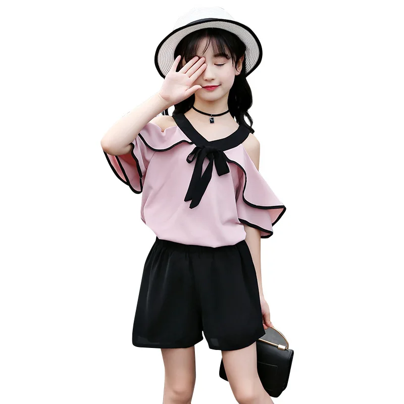 

2 Pcs Sets Fashion Short Sleeve Tops+Shorts Girls Clothes Set Ruffle Good Quality Comfortable Summer Kids Outfits Suit 6-14Y
