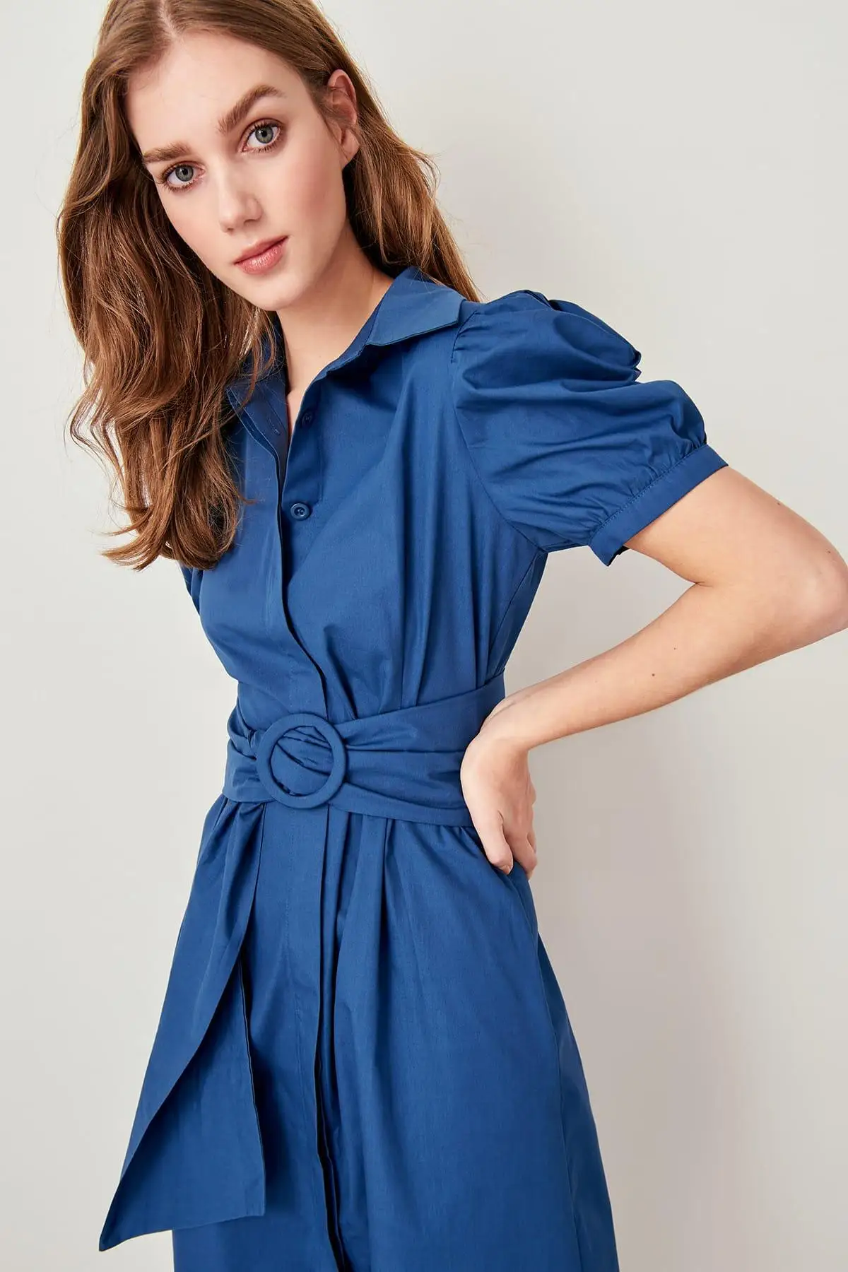 Trendyol Индиго Kemerli платье с воздушными рукавами TWOSS19OC0016|Женские платья| |