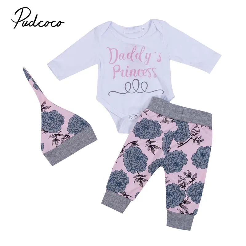 2019 Brand Newborn Baby Girl Clothes Letter Long Sleeve Tops Bodysuit Floral Pants Hat 3Pcs Outfits New Spring Cute Clothing Set | Детская