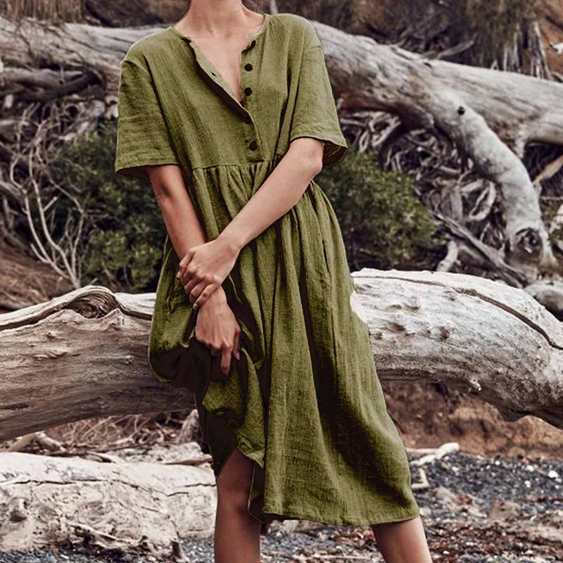 Женское летнее платье с коротким рукавом из хлопка и льна на пуговицах плюс