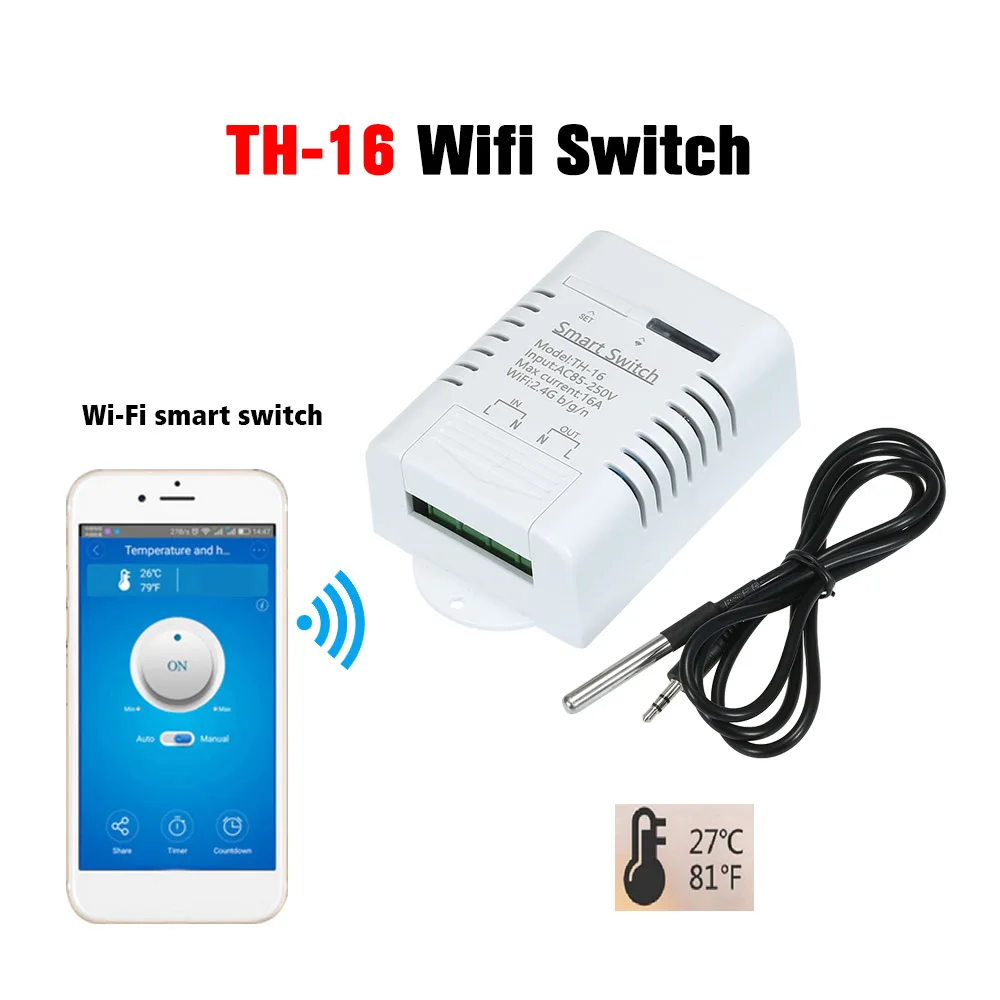 Умный Wifi переключатель 16А/3500 Вт Водонепроницаемый DS18B20 датчик температуры