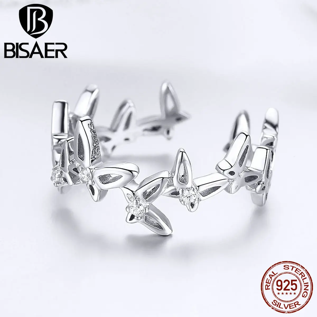 Женское кольцо с бабочкой BISAER регулируемое из 100% серебра 925 пробы для танцев