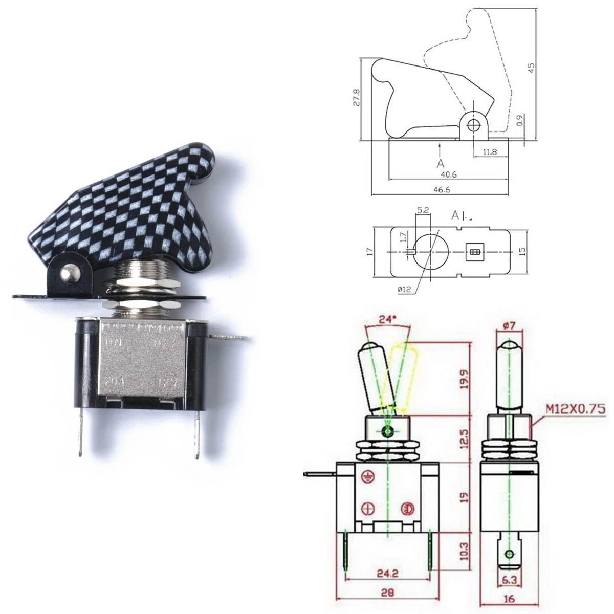 12V 20A переключатель ВКЛ./ВЫКЛ. Переключатель с цветной крышкой из углеродного