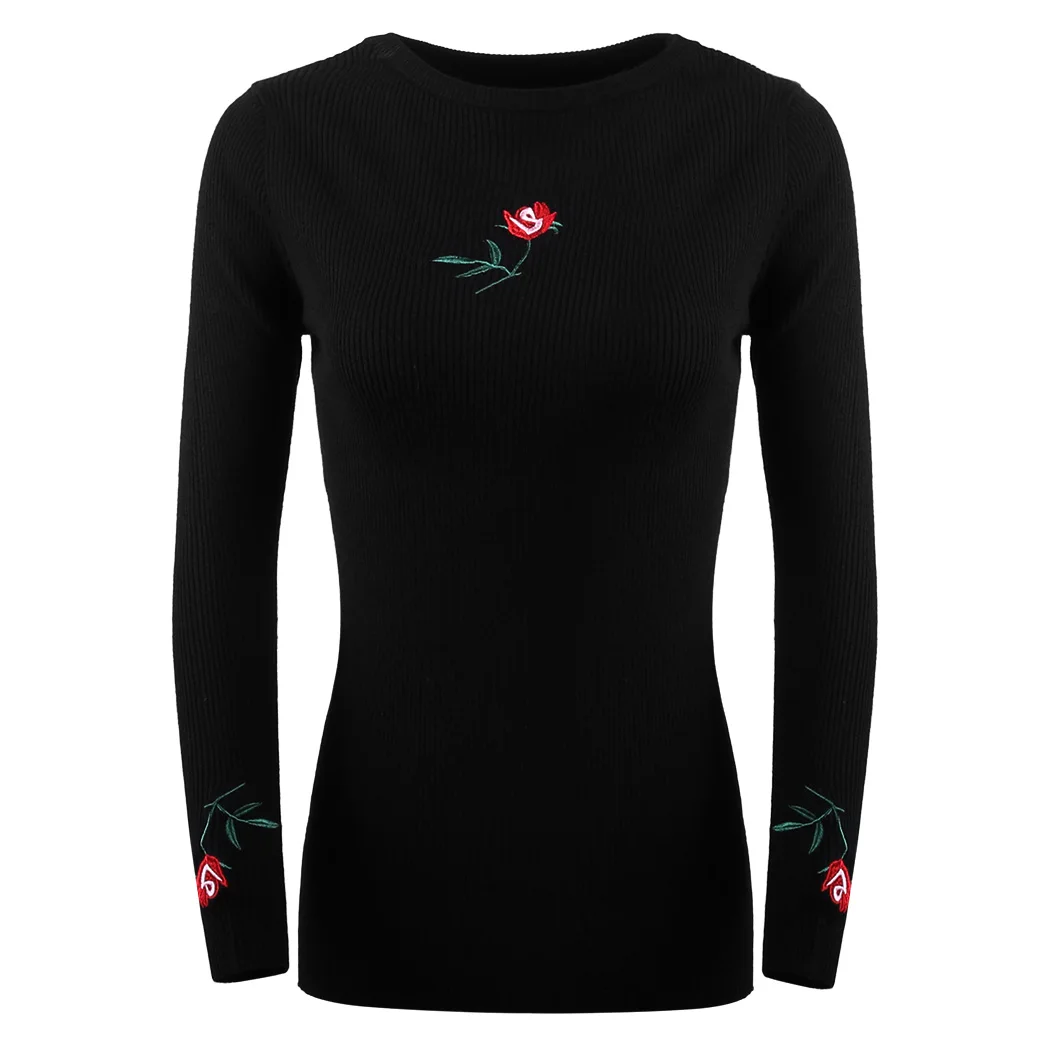 Fashion Ladies Knitted Sweater And Pullovers Floral Embroidery Famale Elastic Slim Sweaters Tops Basic Jumper Pull Femme Hiver | Женская