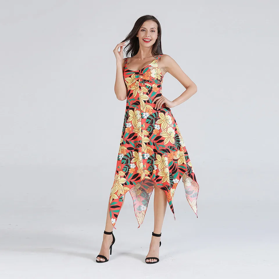 Women Dress Sexy Bohemian Printing Camisole V Neck 2018 New Pattern Irregular Beach | Женская одежда