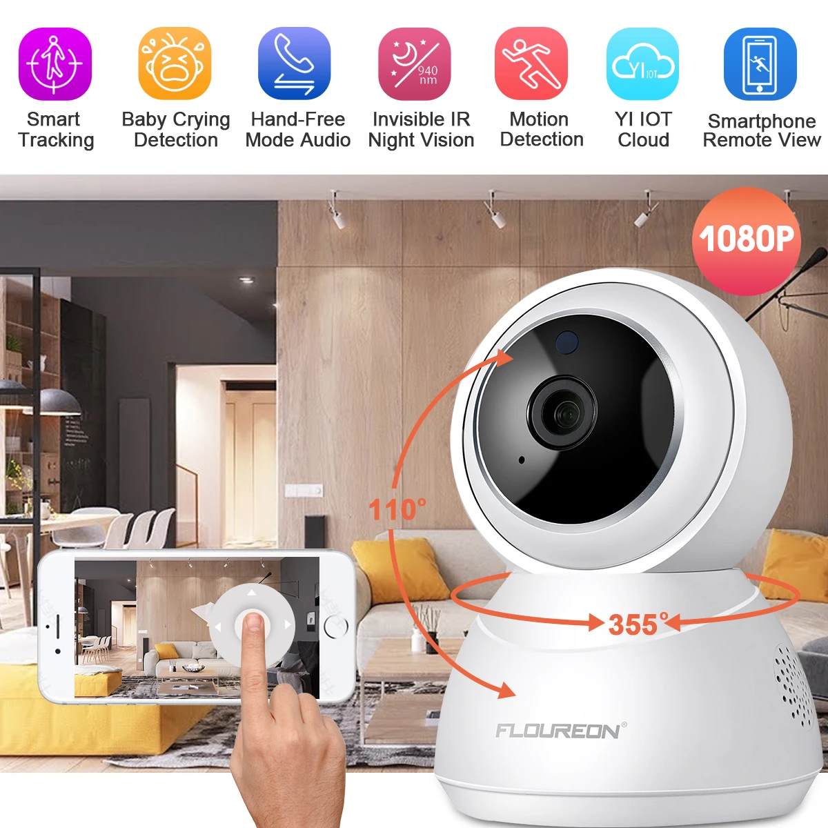 Ip камера FLOUREON YI Cloud Storage 1080P HD 2.0MP с ночным видением PTZ умный детский монитор для