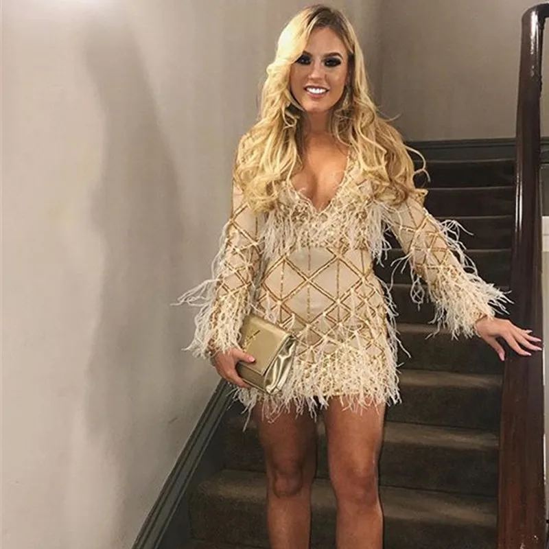 Женское платье с перьями Slaygirl белое вечернее мини блестками и v образным вырезом