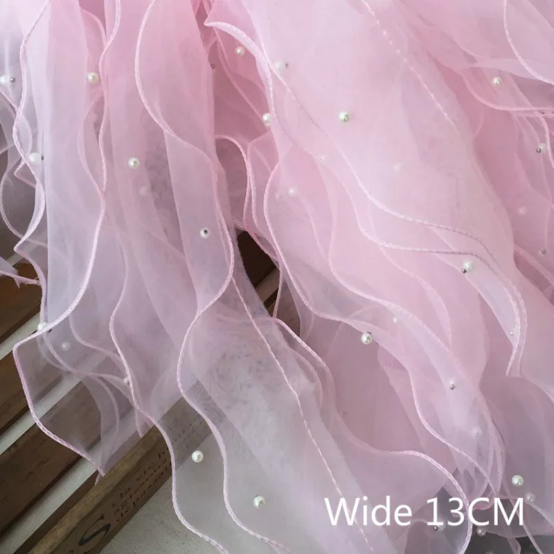 

13CM Wide Luxury Tulle Chiffon Lace Fabric Beaded Organza Ruffle Trim Ribbon Edge Dress Collar Applique DIY Sewing Fringe Decor