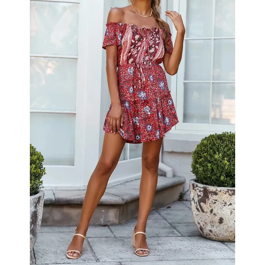 Женское платье с принтом Boho повседневное короткое пляжное на шнуровке открытыми