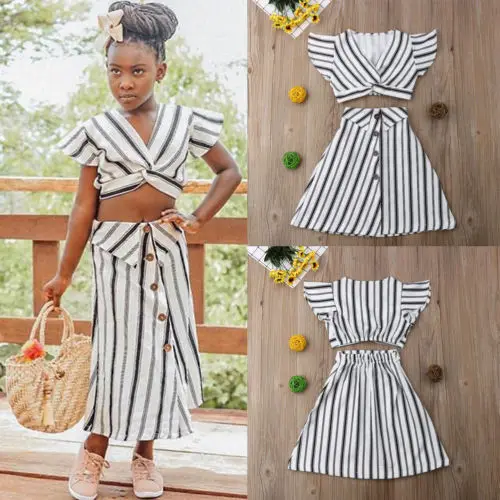 

Pudcoco Girl 3Y-8Y Summer Girl Child Lady Personality Casual Black and White Striped Suit