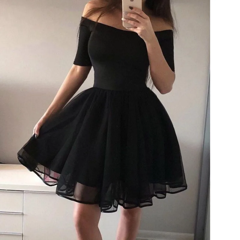 Платье MUXU женское черное с коротким рукавом открытыми плечами | Женская одежда