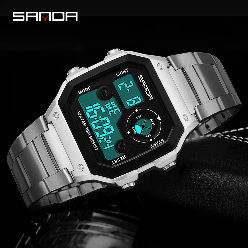 Sanda спортивные часы мужские LED цифровые золотые из нержавеющей стали модные с