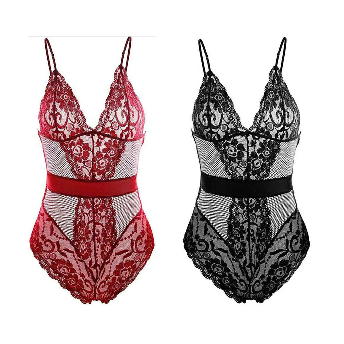 Plus Size Women Sexy Lingerie Backless Strappy V Neck Lace See-through Underwear Nightwear Babydoll Bodysuit |