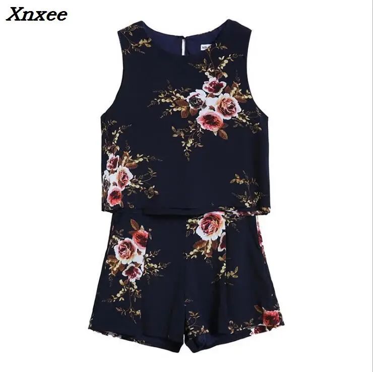 

Floral print chiffon two pieces set sleeveless o-neck casual fashion crop top+shorts suit summer women's sets Boho plus size