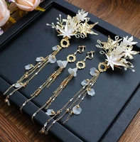 metal leaf hair grips long tassel earrings flower side headgear set wedding hair accessories