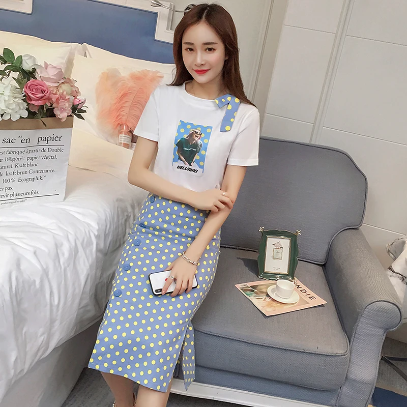 

new Korean fashion women casual suits T-shirt bow sweatshirt & long pot print cutout skirts 2 pcs clothing set outfit S-XL