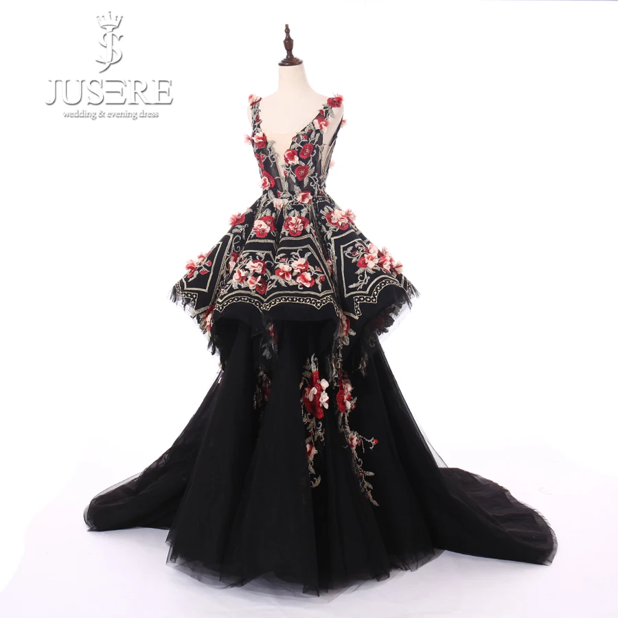 JUSERE Black Long Evening Dress 3D Flower Embroidery V-Neck Backless Sweep Train Formal Party Gowns Vestido de festa longo 2019