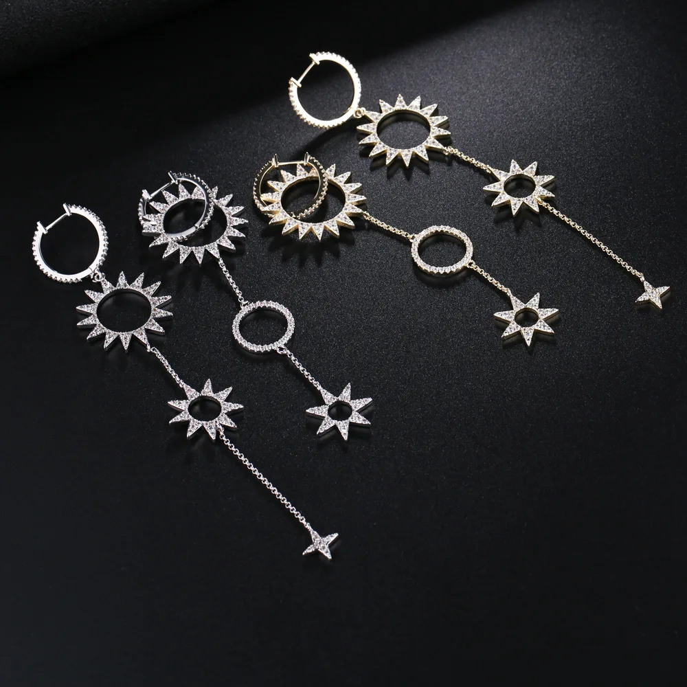 UNGODLY Luxury Sunflower Earrings Cubic Zirconia Star Gear Asymmetry Tassel Earring Set Fashion Gold Color Women Jewelry Gift | Украшения и