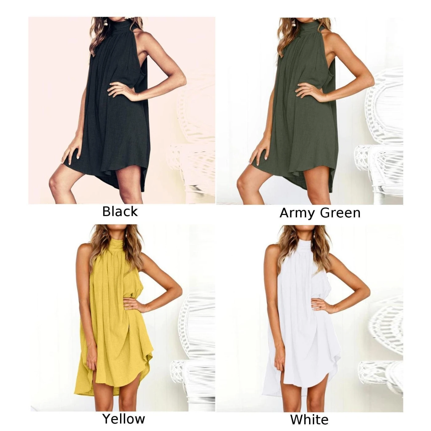 Летнее женское мини-платье без рукавов свободное коктейльное однотонное