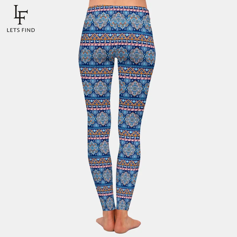 Women Fashion Blue Legging Aztec Print Leggings 220gsm Double Side Brushed Milk Silk High Waist High Quality Leggings