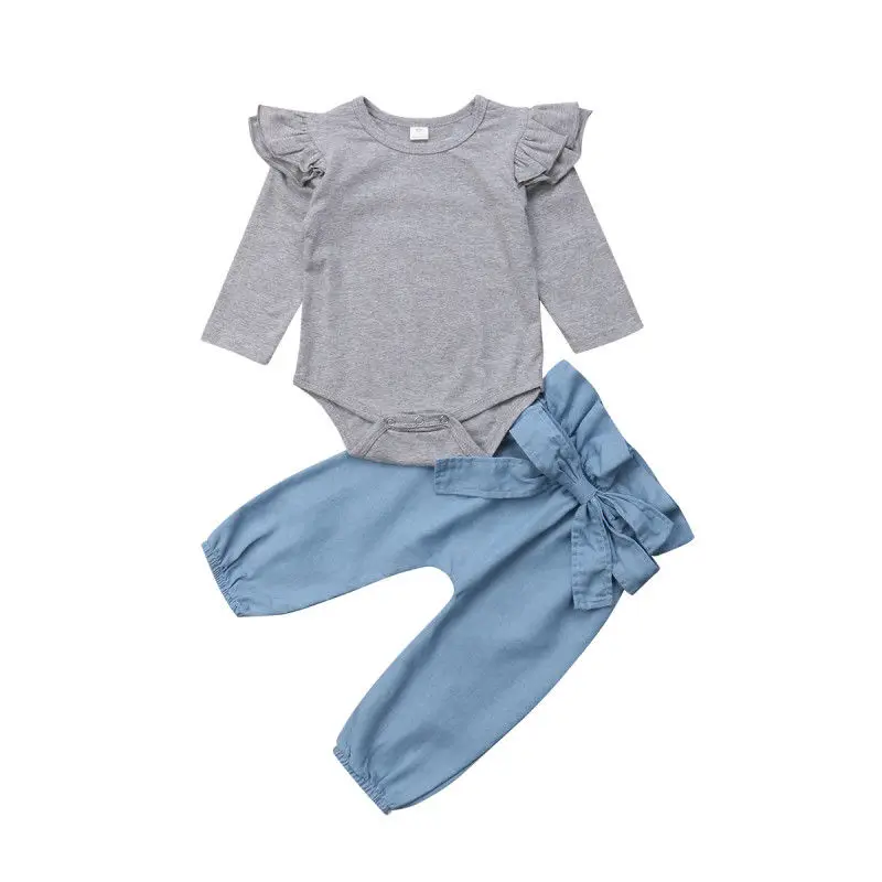 

Pudcoco 3Pcs Newborn Baby Girl Cotton Ruffle Tops Romper Jumpsuit Bowknot Denim Pants Outfits Kids Clothes Set