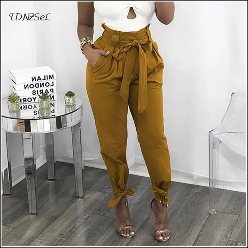 2018 Women Casual Loose High Tie Waist Pencil Pants Sexy Slim Bow Lace Up Long Legging Pant Solid Vintage Bandage Fashion Sashes | Женская