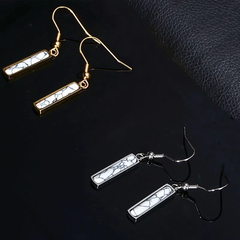 RIR Stainless Steel Gold Outline Rectangle White Marble Drop Earrings Natural Artificial Stone Ladies Jewelry | Украшения и