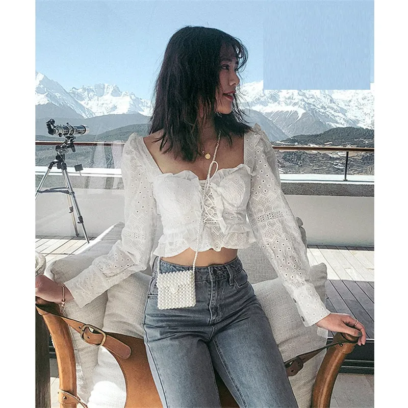 Summer 2019 New Arrival Sexy Women White Lace Tops Shorts Mini Cute Elegant Slash Neck Lady Party Holiday Blouses Clothes |