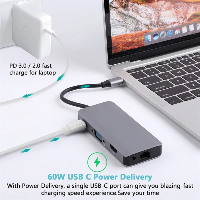 9 в 1 концентратор типа C на Hdmi + Vga выход 2 порта usb3.0 Sd/Tf кардридер сетевой адаптер 1000