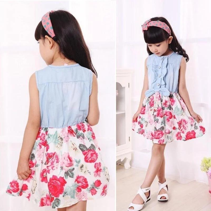 Girls Dress 2019 Summer New Clothing Cotton Denim Children's Flower Splice Princess Print | Детская одежда и обувь