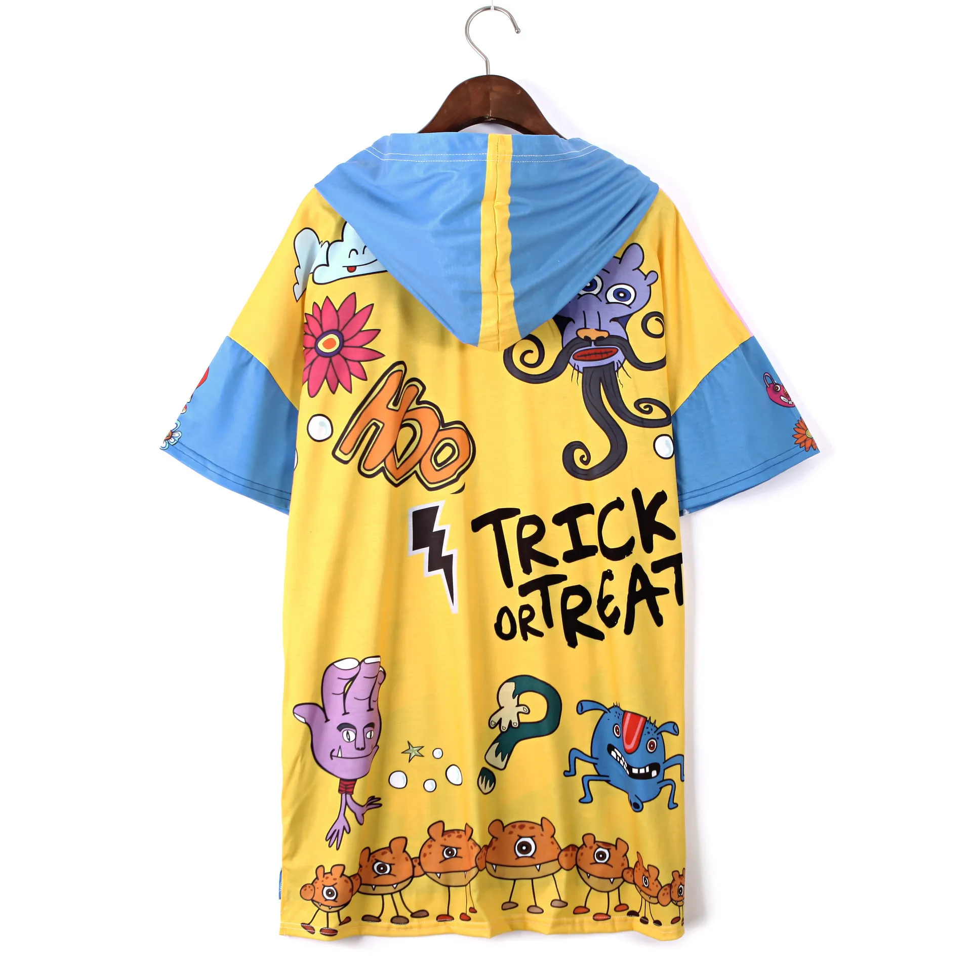 Vefadisa Graffiti Printing Hooded Dress Women Short Sleeve Drop-Shoulder T-Shirt Irregular Mini Split Tops ZLD785 | Женская одежда