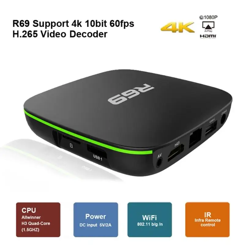 R69 Android 7 1 ТВ коробка Allwinner H3 4 ядра Wi Fi Декодер каналов кабельного телевидения Media