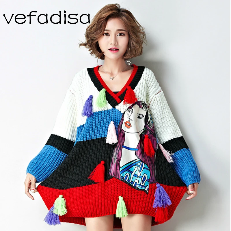 Vefadisa Women Tassel Stripe Cartoon Girl Sweater 2018 Autumn V-neck Color Matching Pullover Loose DQ315 | Женская одежда