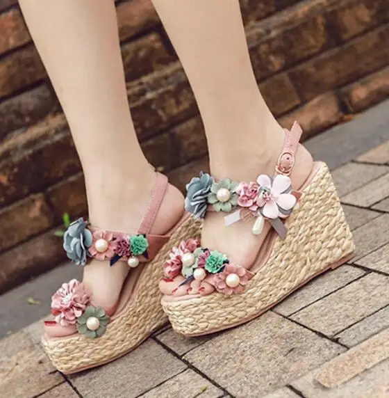 

Carpaton Fashion Flower Decorations Platform Wedge Sandal Summer Peep Toe Rope Braided Ankle Strap Pearls Pumps Beachwear Heels