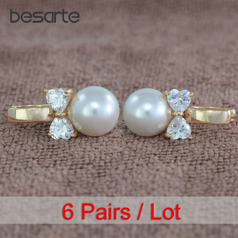 

6Pair Wholesale Pearls Gold Hoop Earrings Women Kolczyki Boucle D'oreille Perle Oorbellen Perola Oorringen Cz Earings Kupe E0310