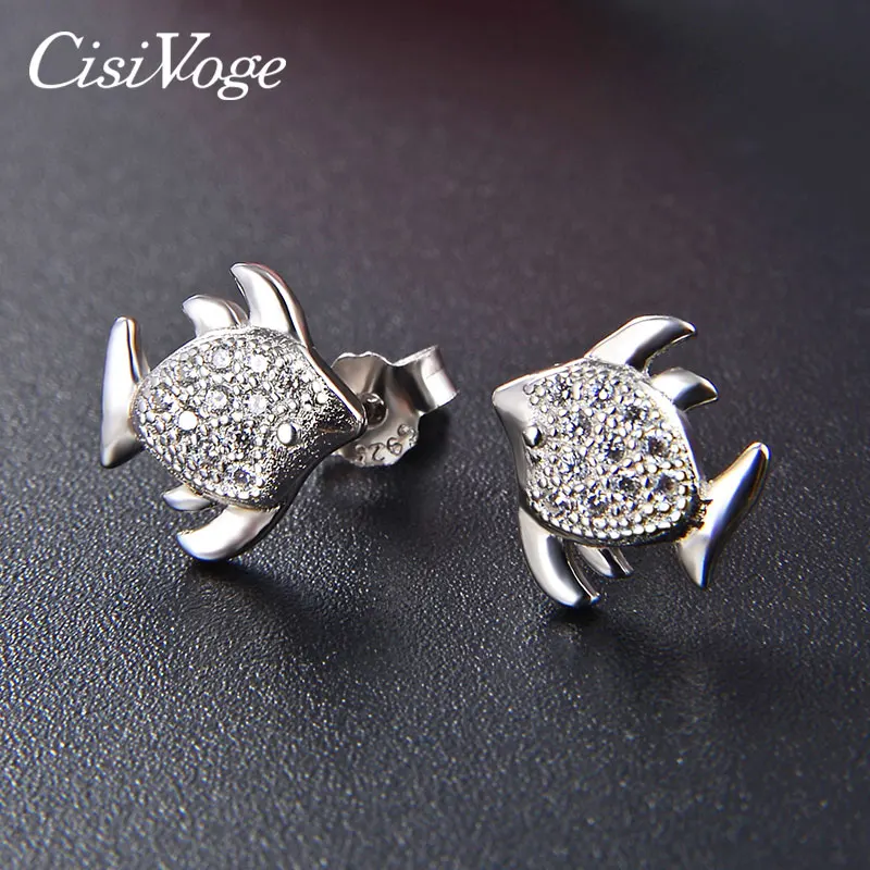 CisiVoge Реальные серебро 925 животных серьги-рыбки для девочек женские CZ кубический