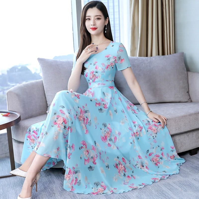 2019 летние женские модные шифоновые платья большого размера с цветочным принтом