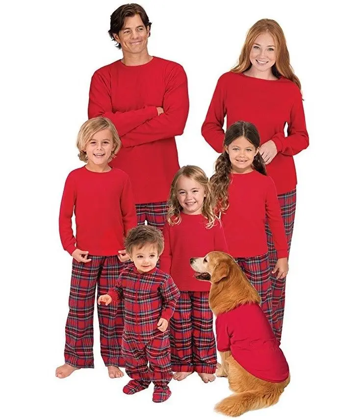

Family Matching Christmas Wram Solid Tops Plaid Pants Bottom Pajamas Set Mum Dad Kids Deer Sleepwear Nightwear Pjs