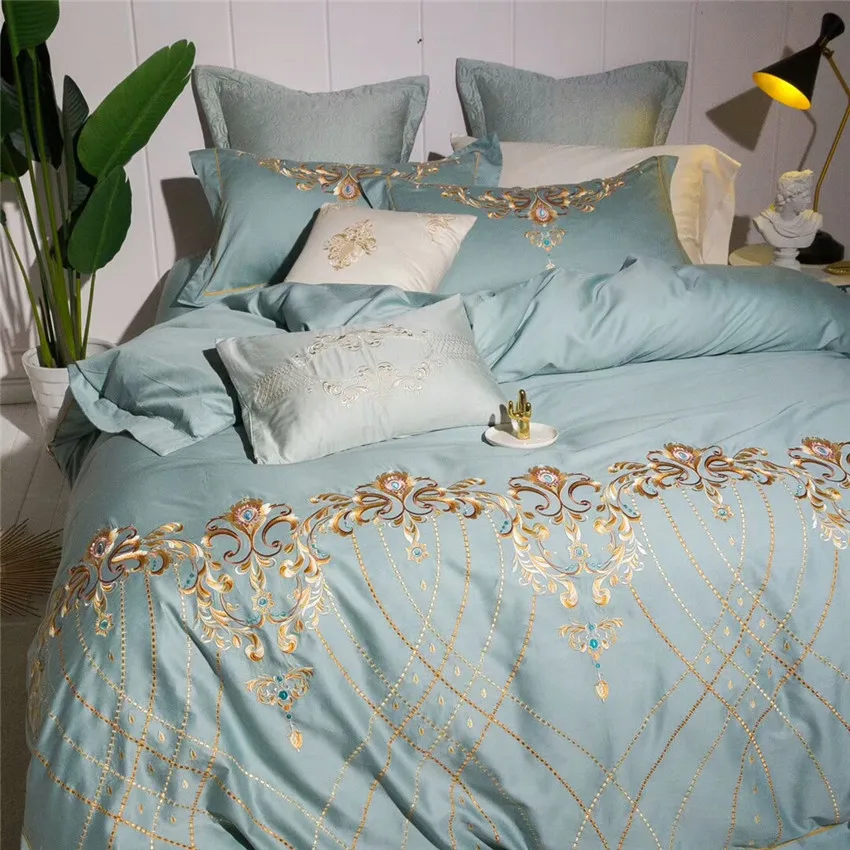 4/7 шт. Queen King size из египетского хлопка синий класса люкс с вышивкой Постельное