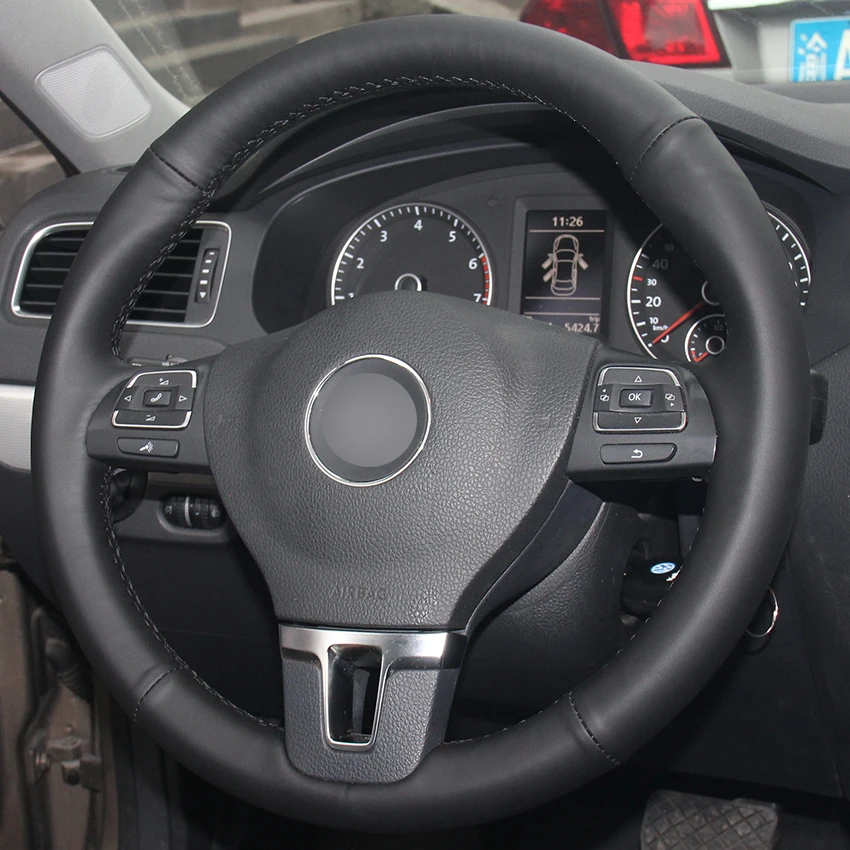 Черный чехол рулевого колеса автомобиля из натуральной кожи для Volkswagen VW Gol Tiguan