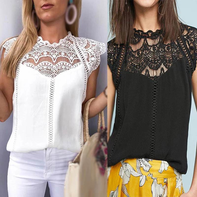 Ladies Tops Work Casual Office Shirt Round Neck Blouse Party Summer Vintage Hollowed |